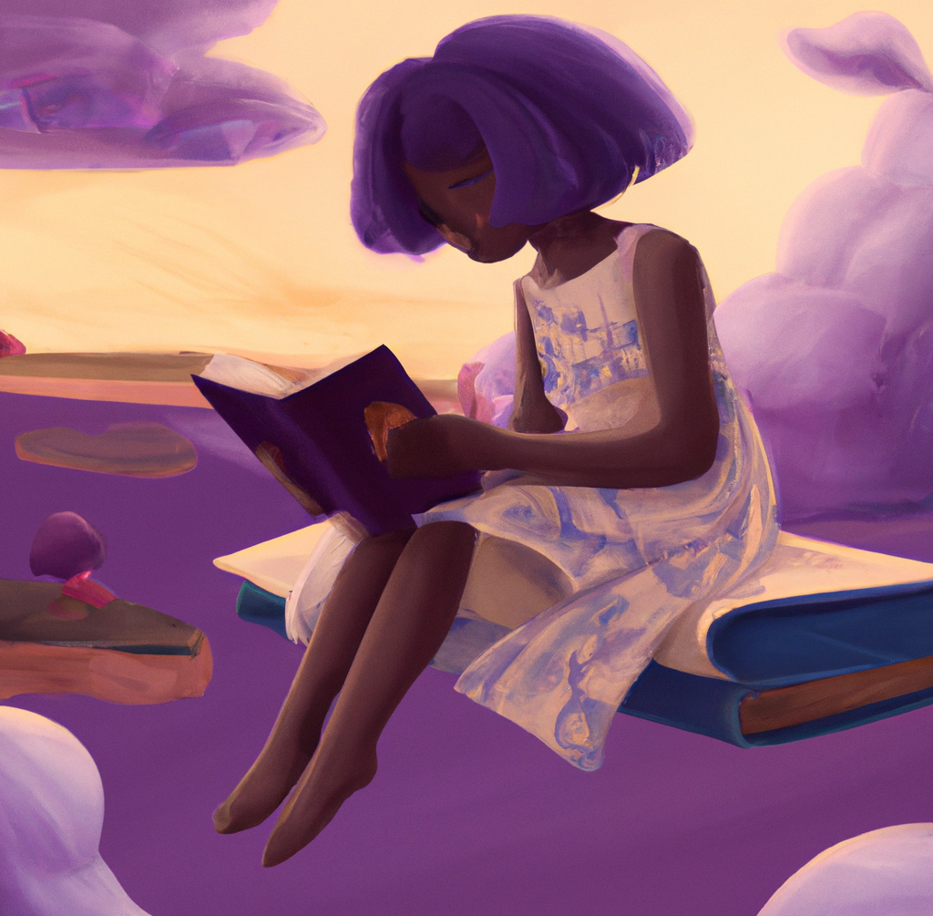Mädchen sitzt auf einem Buch, das in der Luft schwebt